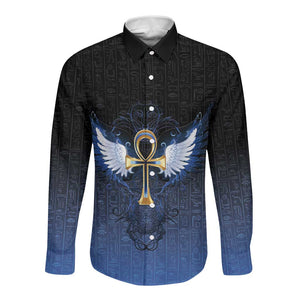 Personalised Egyptian Ankh Long Sleeve Button Shirt Egypt Hieroglyphs Pattern