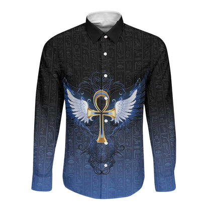 Personalised Egyptian Ankh Long Sleeve Button Shirt Egypt Hieroglyphs Pattern