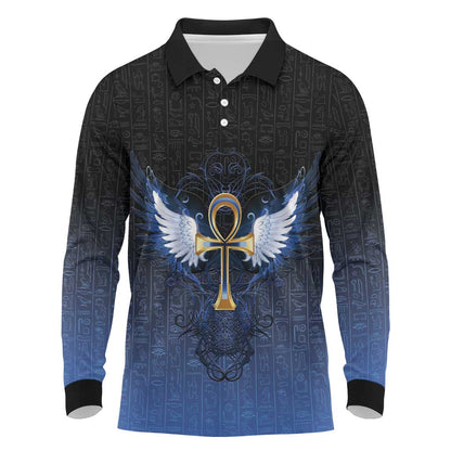 Personalised Egyptian Ankh Long Sleeve Polo Shirt Egypt Hieroglyphs Pattern