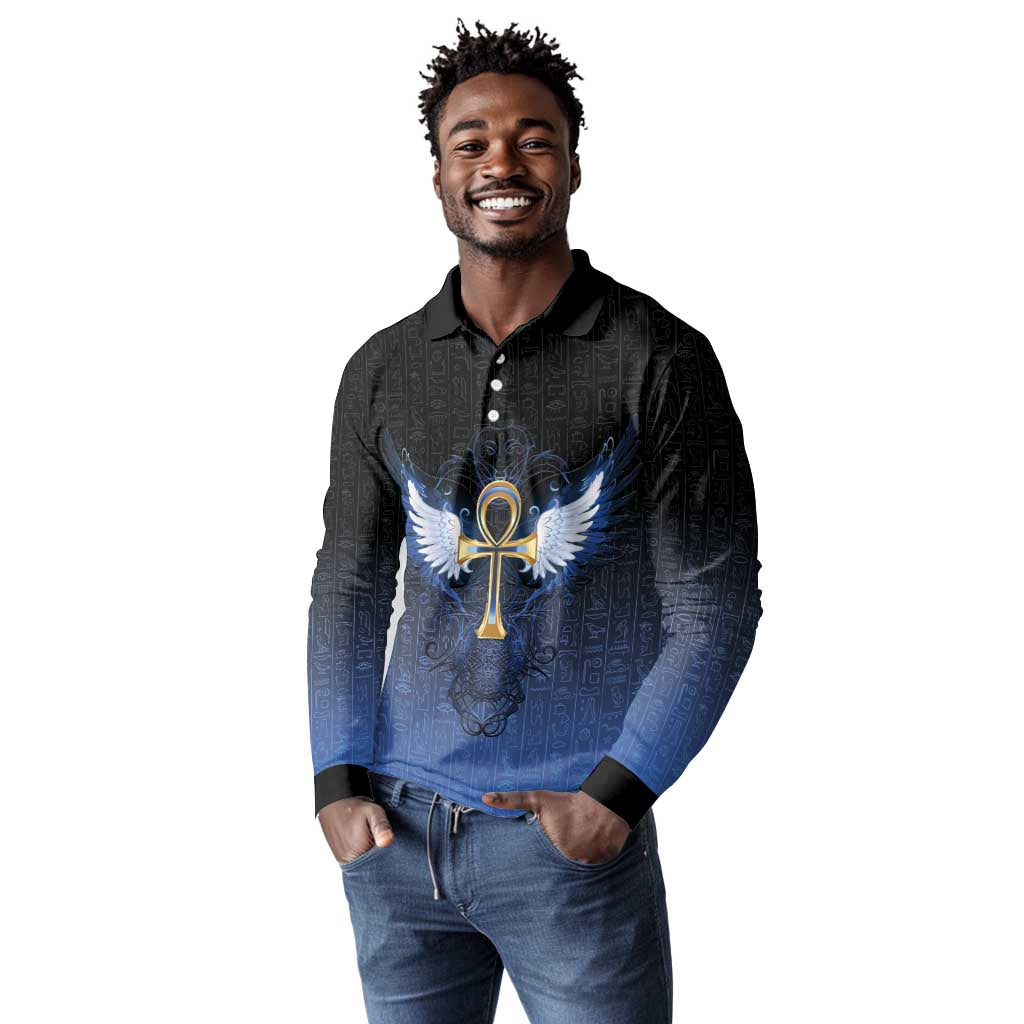 Personalised Egyptian Ankh Long Sleeve Polo Shirt Egypt Hieroglyphs Pattern
