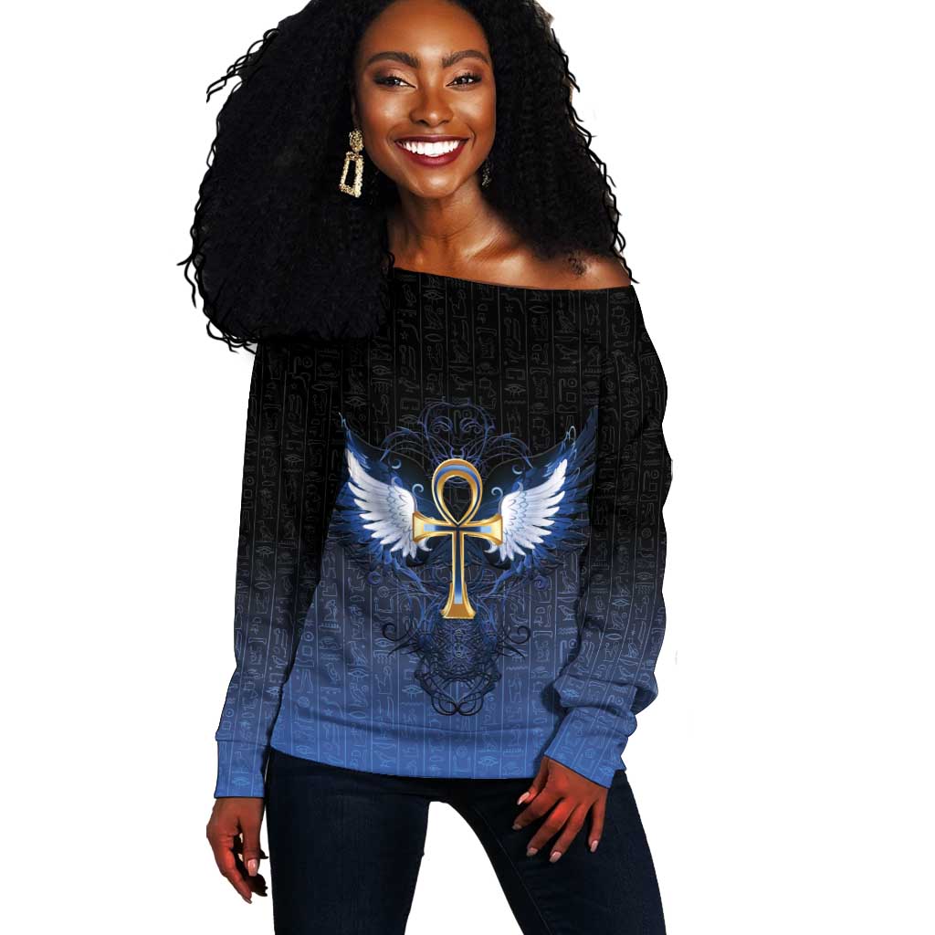 Personalised Egyptian Ankh Off Shoulder Sweater Egypt Hieroglyphs Pattern