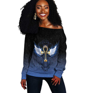 Personalised Egyptian Ankh Off Shoulder Sweater Egypt Hieroglyphs Pattern