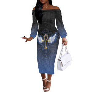 Personalised Egyptian Ankh Off The Shoulder Long Sleeve Dress Egypt Hieroglyphs Pattern