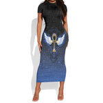 Personalised Egyptian Ankh Short Sleeve Bodycon Dress Egypt Hieroglyphs Pattern LT15