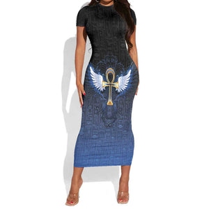 Personalised Egyptian Ankh Short Sleeve Bodycon Dress Egypt Hieroglyphs Pattern LT15