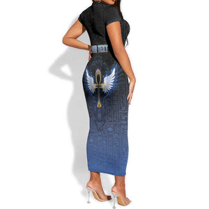 Personalised Egyptian Ankh Short Sleeve Bodycon Dress Egypt Hieroglyphs Pattern LT15