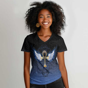 Personalised Egyptian Ankh Women V-Neck T-Shirt Egypt Hieroglyphs Pattern