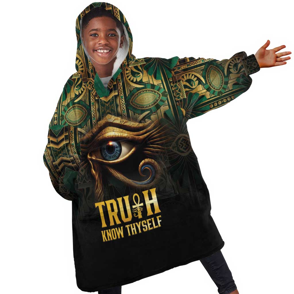 Egypt Eye of Horus Kid Wearable Blanket Hoodie Golden Ancient Egypt Pattern