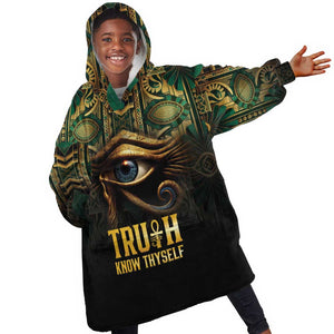 Egypt Eye of Horus Kid Wearable Blanket Hoodie Golden Ancient Egypt Pattern