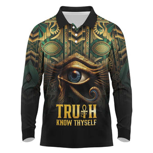 Egypt Eye of Horus Long Sleeve Polo Shirt Golden Ancient Egypt Pattern