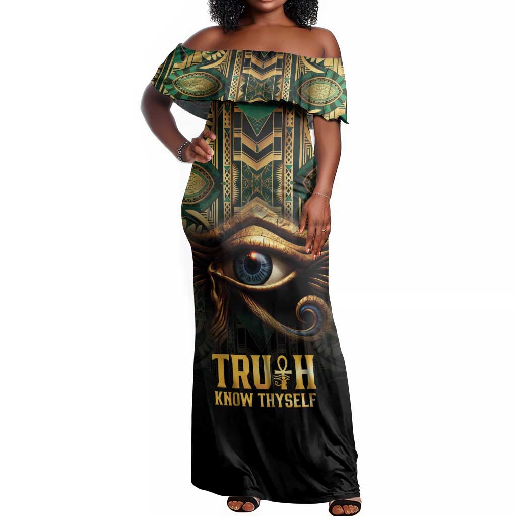Egypt Eye of Horus Off Shoulder Maxi Dress Golden Ancient Egypt Pattern