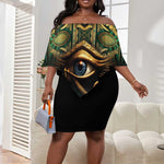 Egypt Eye of Horus Off Shoulder Short Dress Golden Ancient Egypt Pattern