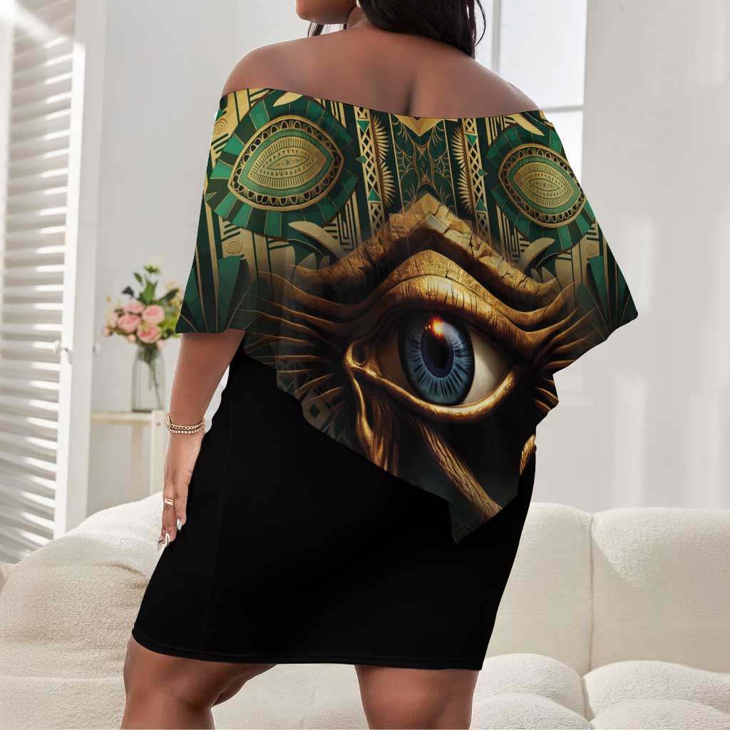 Egypt Eye of Horus Off Shoulder Short Dress Golden Ancient Egypt Pattern