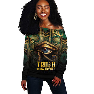 Egypt Eye of Horus Off Shoulder Sweater Golden Ancient Egypt Pattern