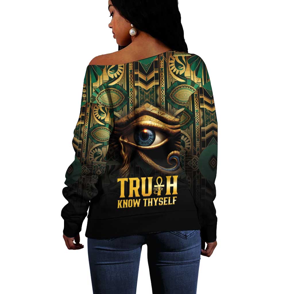Egypt Eye of Horus Off Shoulder Sweater Golden Ancient Egypt Pattern
