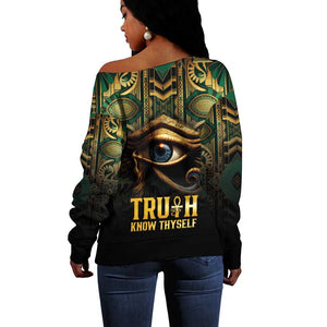 Egypt Eye of Horus Off Shoulder Sweater Golden Ancient Egypt Pattern