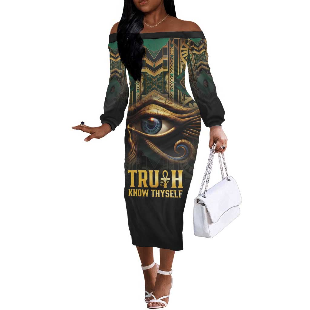 Egypt Eye of Horus Off The Shoulder Long Sleeve Dress Golden Ancient Egypt Pattern