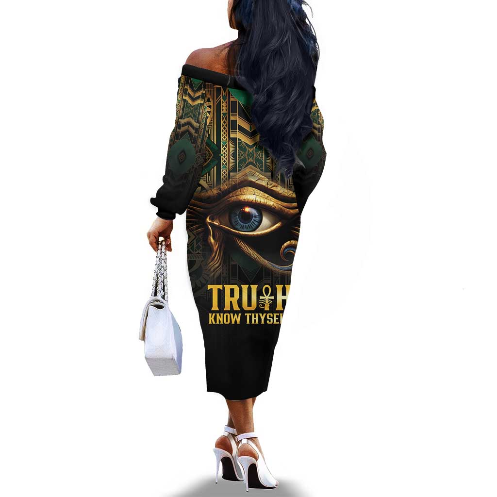 Egypt Eye of Horus Off The Shoulder Long Sleeve Dress Golden Ancient Egypt Pattern