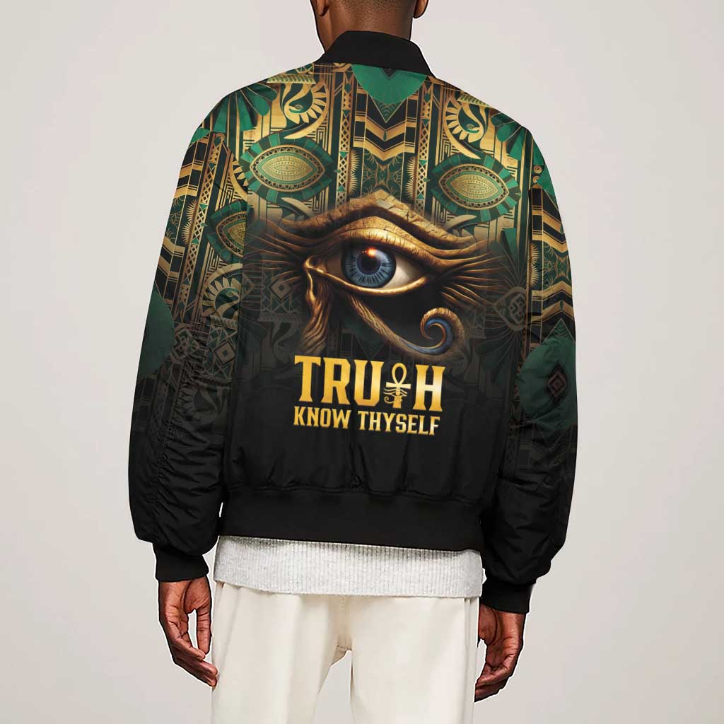 Egypt Eye of Horus Sleeve Zip Bomber Jacket Golden Ancient Egypt Pattern