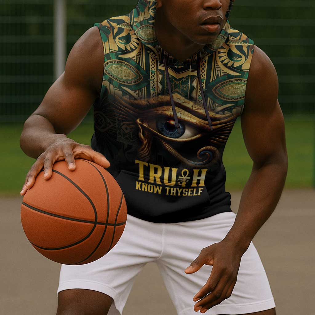 Egypt Eye of Horus Sleeveless Hoodie Golden Ancient Egypt Pattern - African Pride