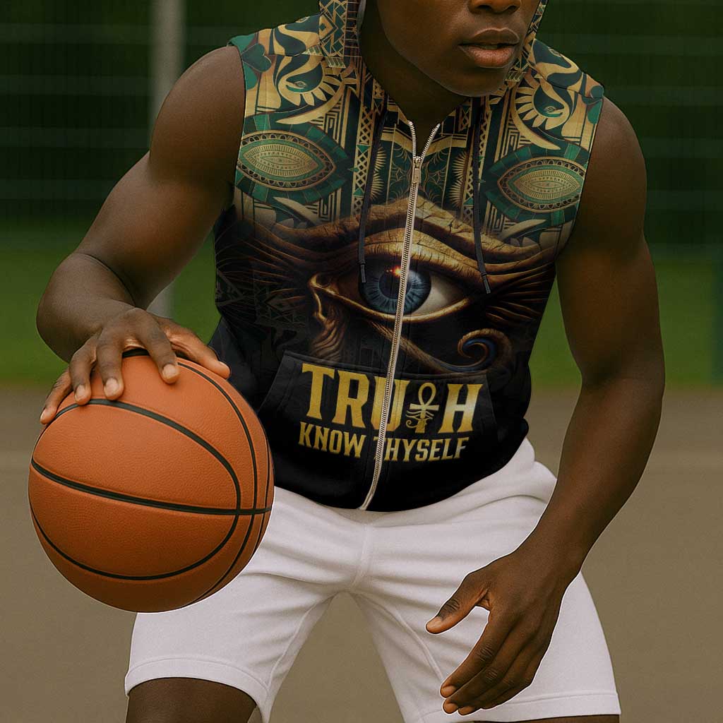 Egypt Eye of Horus Sleeveless Zip Hoodie Golden Ancient Egypt Pattern - African Pride