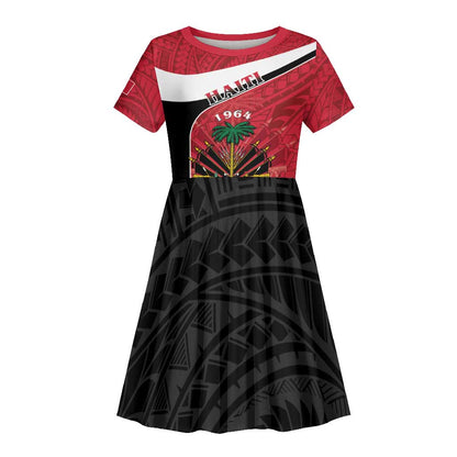Personalized Haiti 1964 Kid Short Sleeve Dress Coat Of Arms - Polynesian Style - African Pride