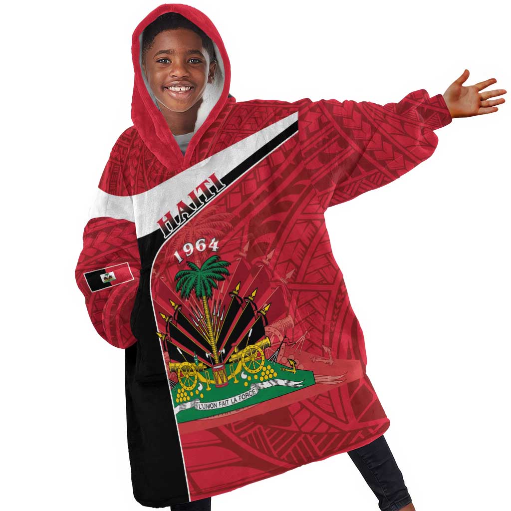 Personalized Haiti 1964 Kid Wearable Blanket Hoodie Coat Of Arms - Polynesian Style - African Pride