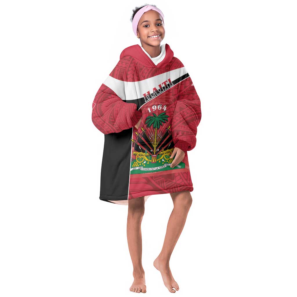 Personalized Haiti 1964 Kid Wearable Blanket Hoodie Coat Of Arms - Polynesian Style - African Pride
