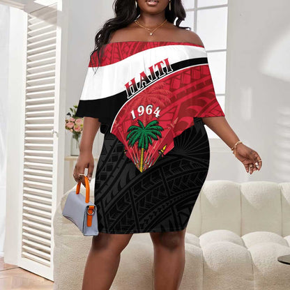 Personalized Haiti 1964 Off Shoulder Short Dress Coat Of Arms - Polynesian Style - African Pride