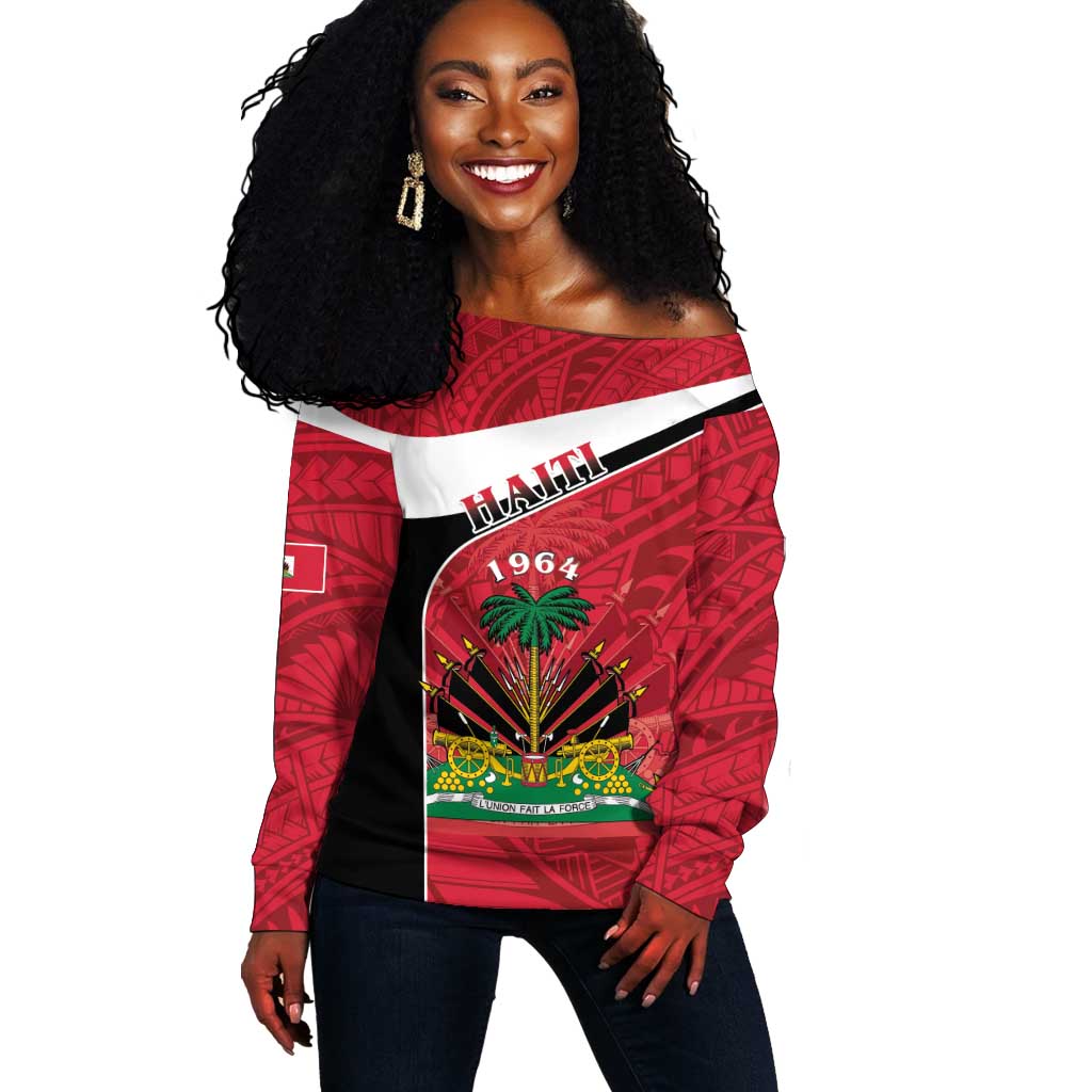 Personalized Haiti 1964 Off Shoulder Sweater Coat Of Arms - Polynesian Style - African Pride