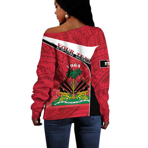 Personalized Haiti 1964 Off Shoulder Sweater Coat Of Arms - Polynesian Style - African Pride