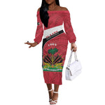 Personalized Haiti 1964 Off The Shoulder Long Sleeve Dress Coat Of Arms - Polynesian Style - African Pride