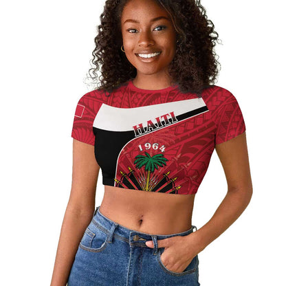 Personalized Haiti 1964 Raglan Cropped T shirt Coat Of Arms - Polynesian Style - African Pride