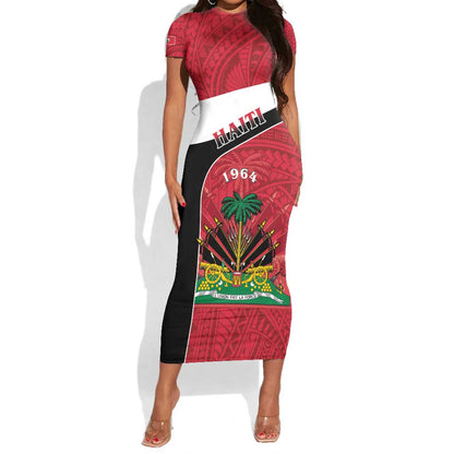 Personalized Haiti 1964 Short Sleeve Bodycon Dress Coat Of Arms - Polynesian Style - African Pride