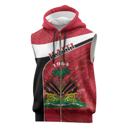 Personalized Haiti 1964 Sleeveless Zip Hoodie Coat Of Arms - Polynesian Style - African Pride