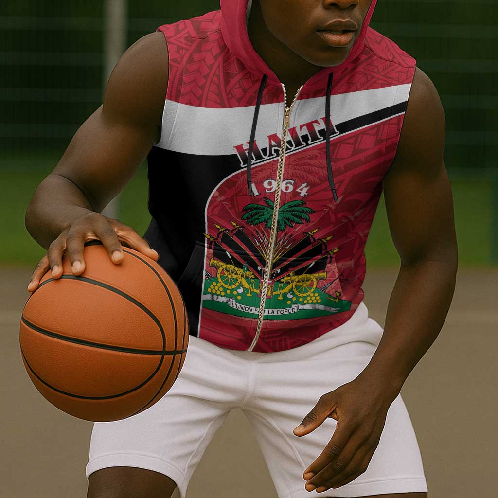 Personalized Haiti 1964 Sleeveless Zip Hoodie Coat Of Arms - Polynesian Style - African Pride