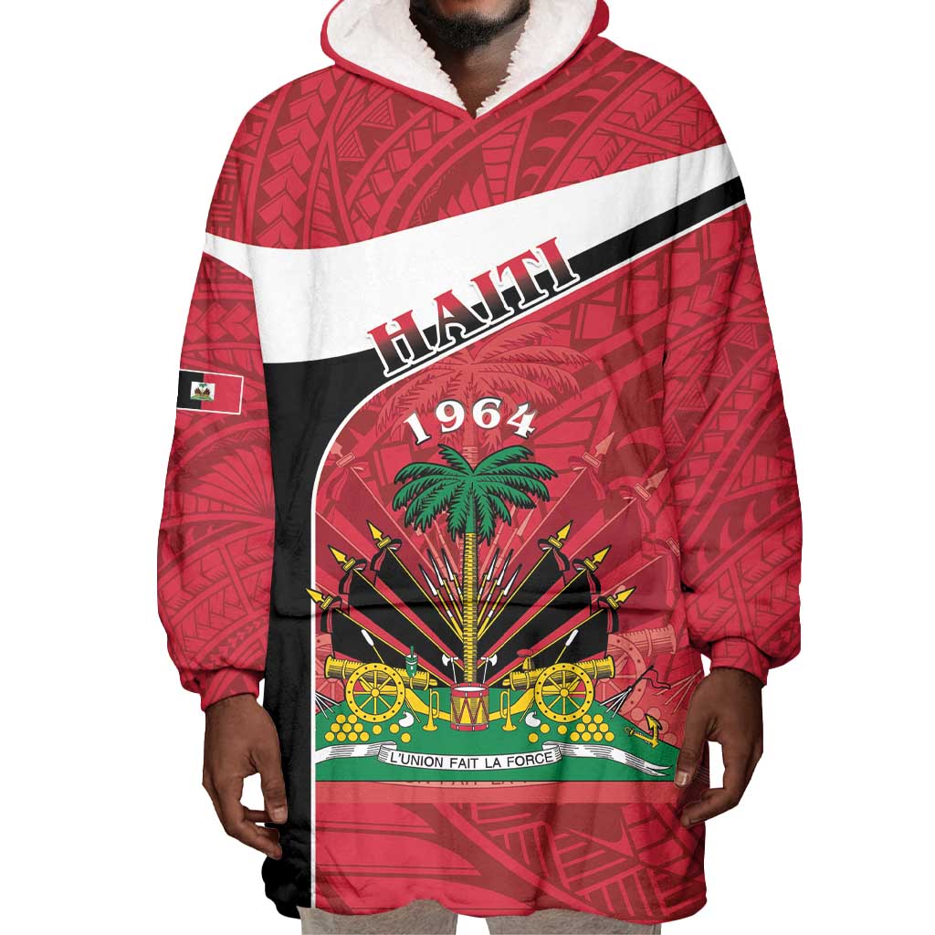 Personalized Haiti 1964 Wearable Blanket Hoodie Coat Of Arms - Polynesian Style - African Pride