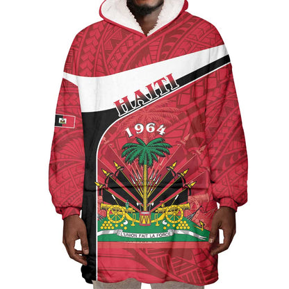 Personalized Haiti 1964 Wearable Blanket Hoodie Coat Of Arms - Polynesian Style - African Pride