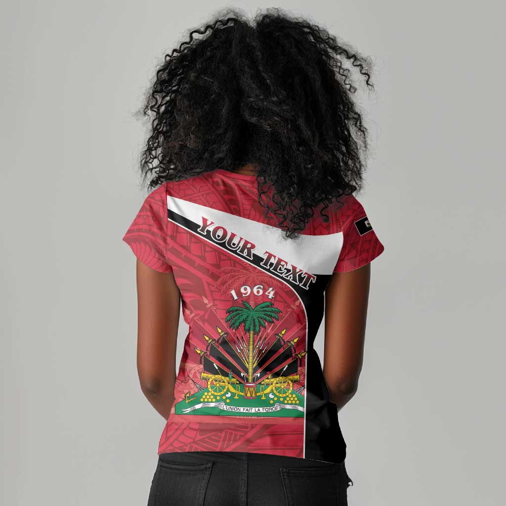 Personalized Haiti 1964 Women V-Neck T-Shirt Coat Of Arms - Polynesian Style - African Pride