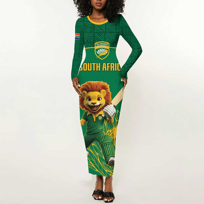 Custom South Africa Long Sleeve Bodycon Dress Lion Mascot Proteas Cricket LT15