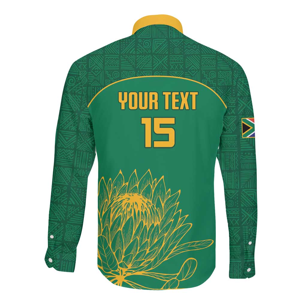 Custom South Africa Long Sleeve Button Shirt Lion Mascot Proteas Cricket