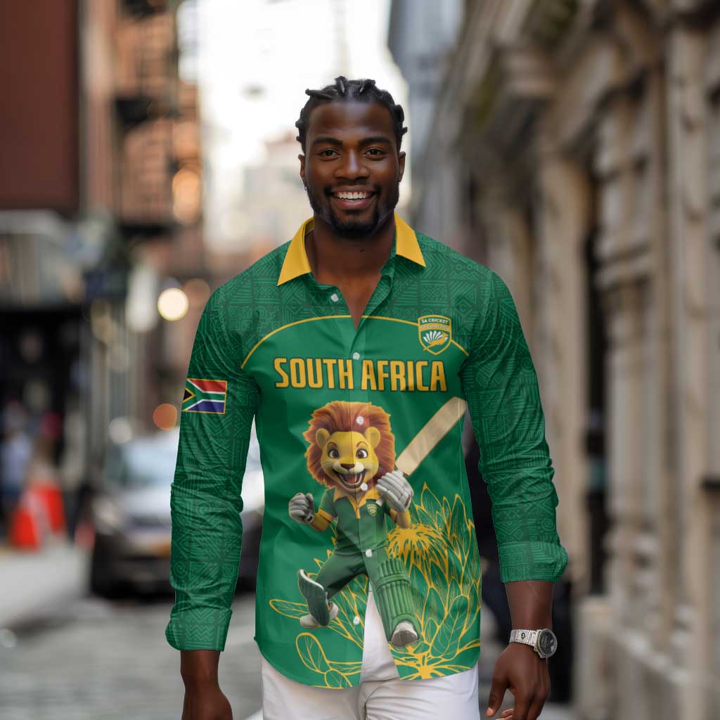Custom South Africa Long Sleeve Button Shirt Lion Mascot Proteas Cricket