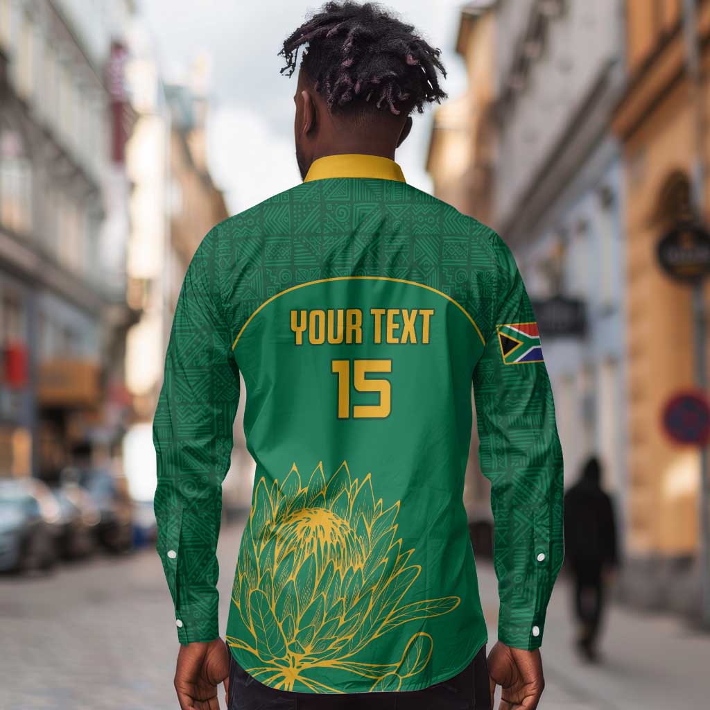 Custom South Africa Long Sleeve Button Shirt Lion Mascot Proteas Cricket