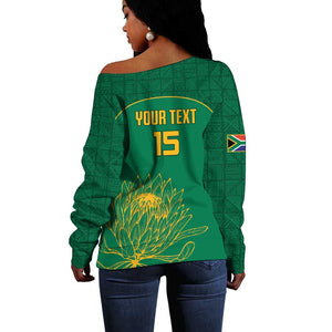 Custom South Africa Off Shoulder Sweater Lion Mascot Proteas Cricket