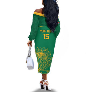 Custom South Africa Off The Shoulder Long Sleeve Dress Lion Mascot Proteas Cricket