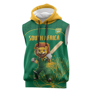 Custom South Africa Sleeveless Hoodie Lion Mascot Proteas Cricket - African Pride