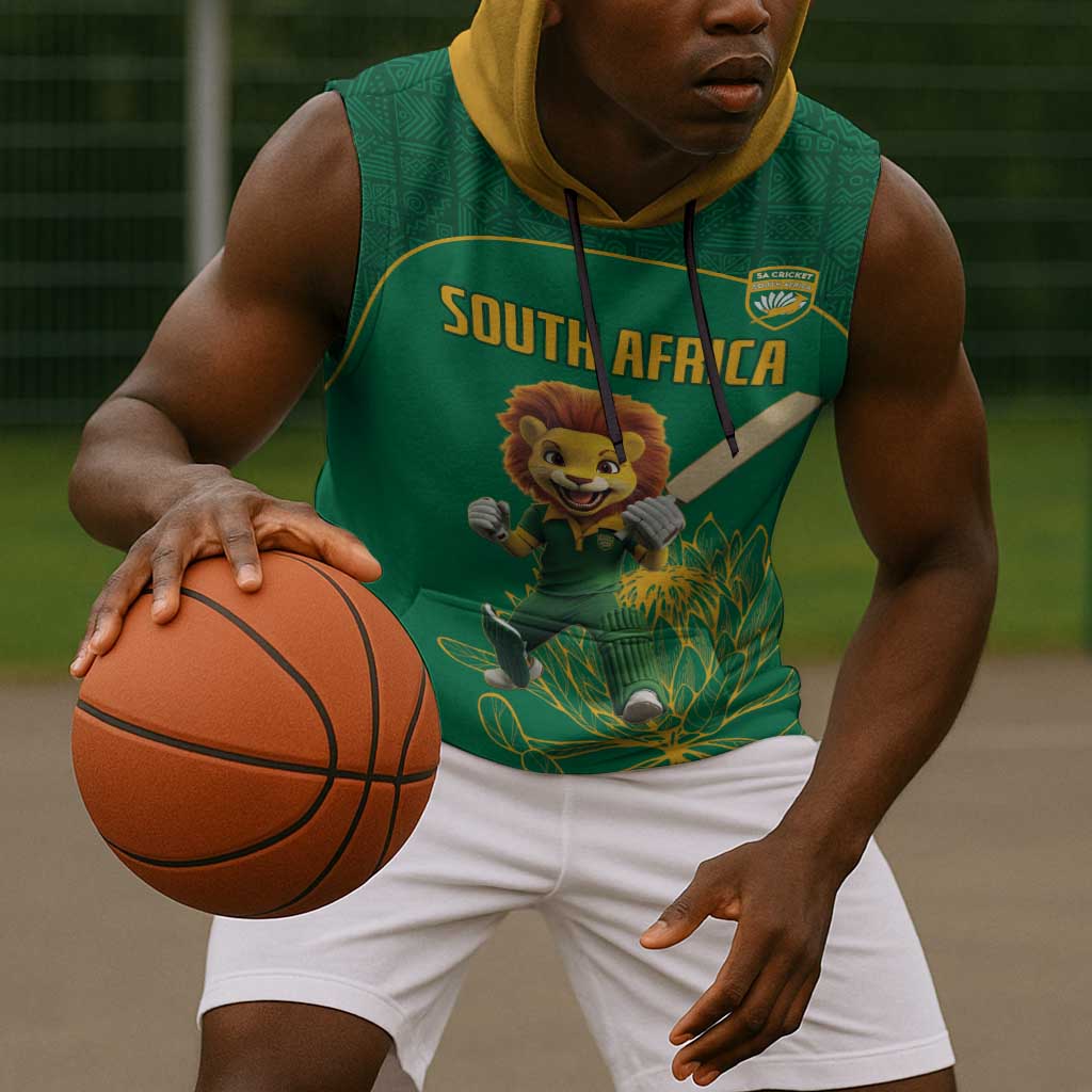 Custom South Africa Sleeveless Hoodie Lion Mascot Proteas Cricket - African Pride