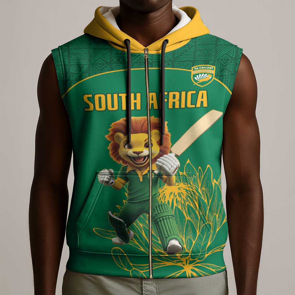Custom South Africa Sleeveless Zip Hoodie Lion Mascot Proteas Cricket - African Pride