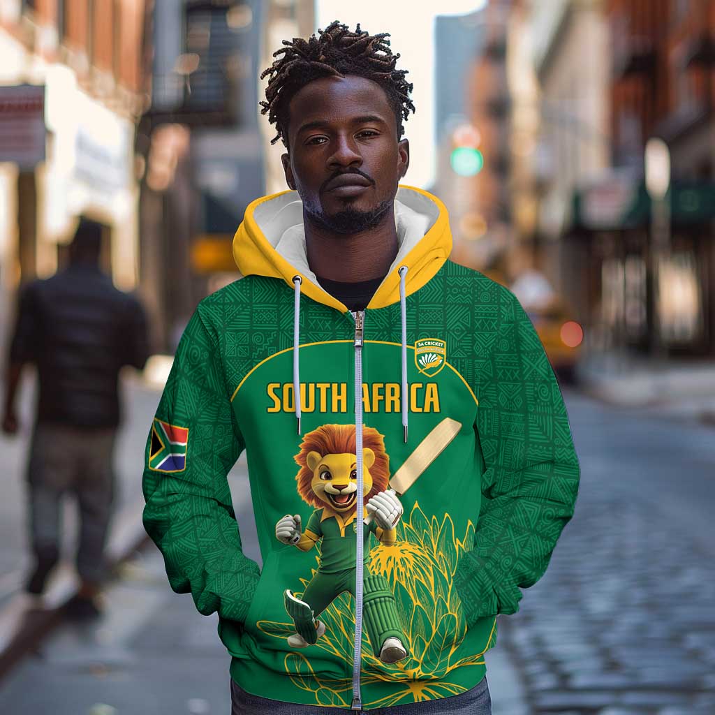 Custom South Africa Zip Hoodie Lion Mascot Proteas Cricket