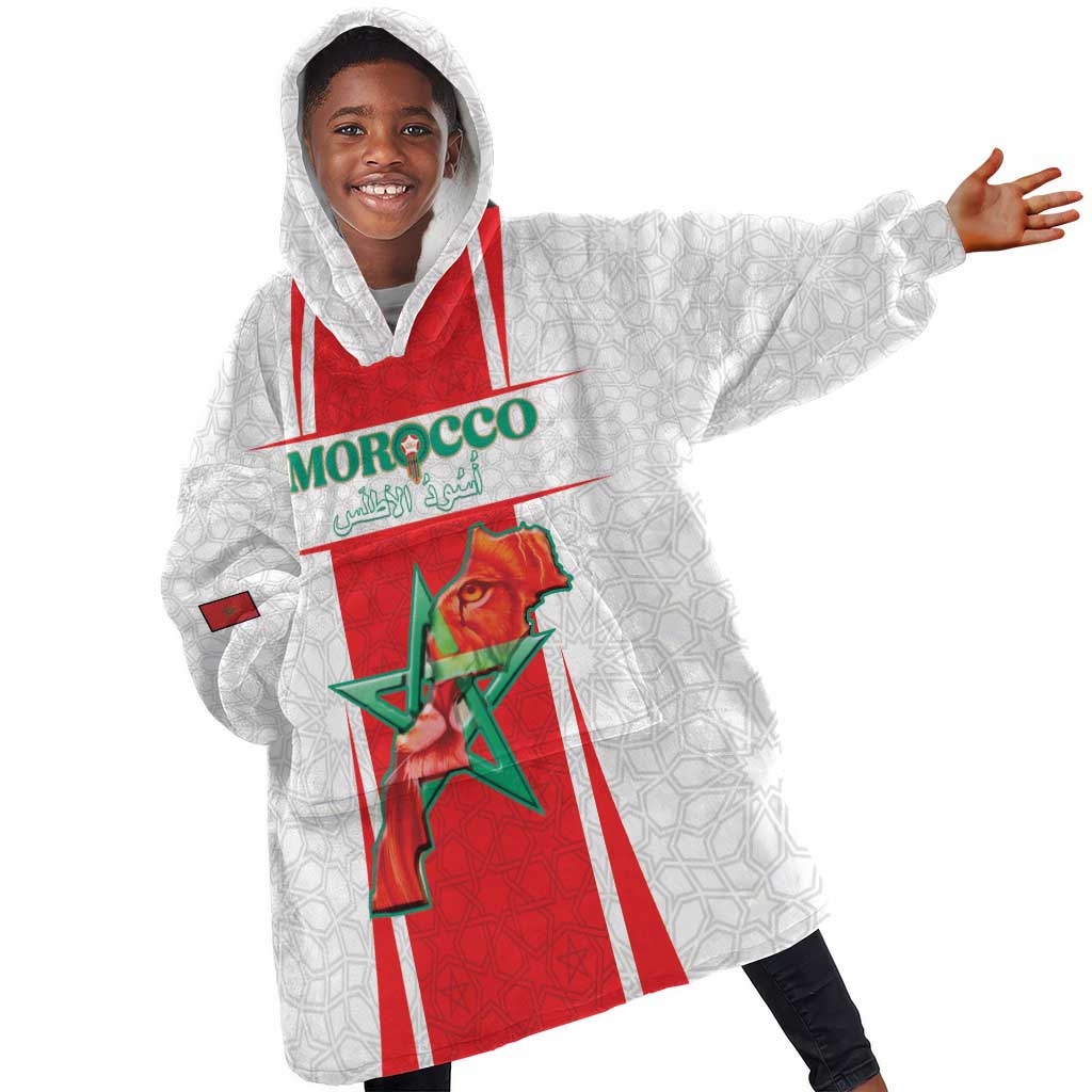 Morocco Football Custom Kid Wearable Blanket Hoodie Atlas Lions Champions 2025 - White - African Pride